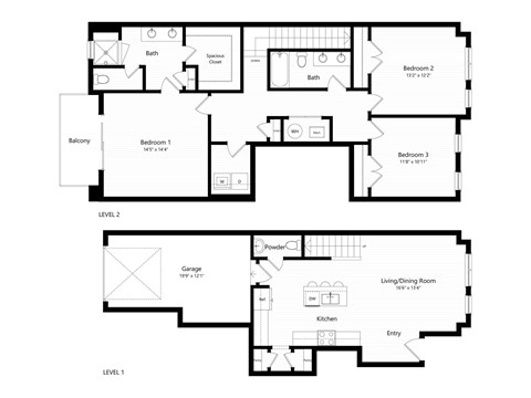 A black and white floor plan of a two level home with labeled rooms.